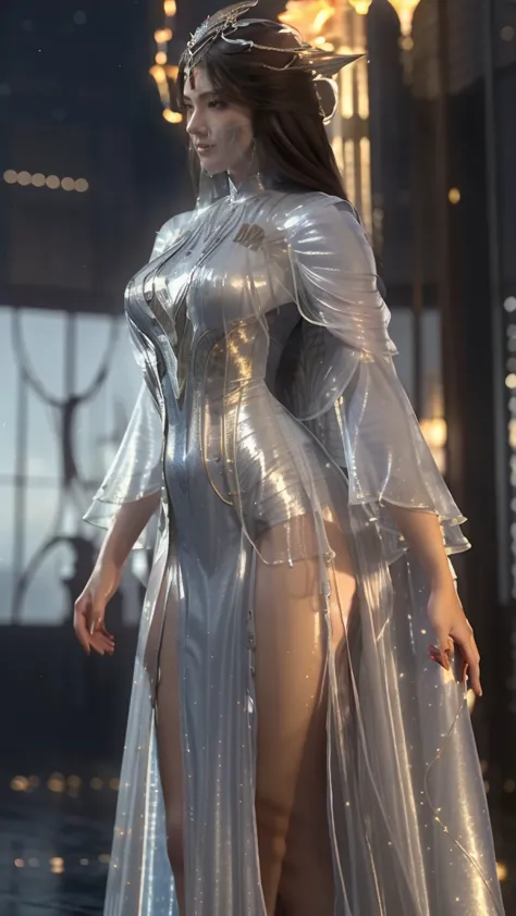 Real photo of a sexy and alluring and seductive woman standing on the starry sky like dominant and powerful enchantress or goddess, Water splashes at the knees, glittery celestial sophisticated large ethereal dress, shiny dress，CG Social Trends, Smooth ani...