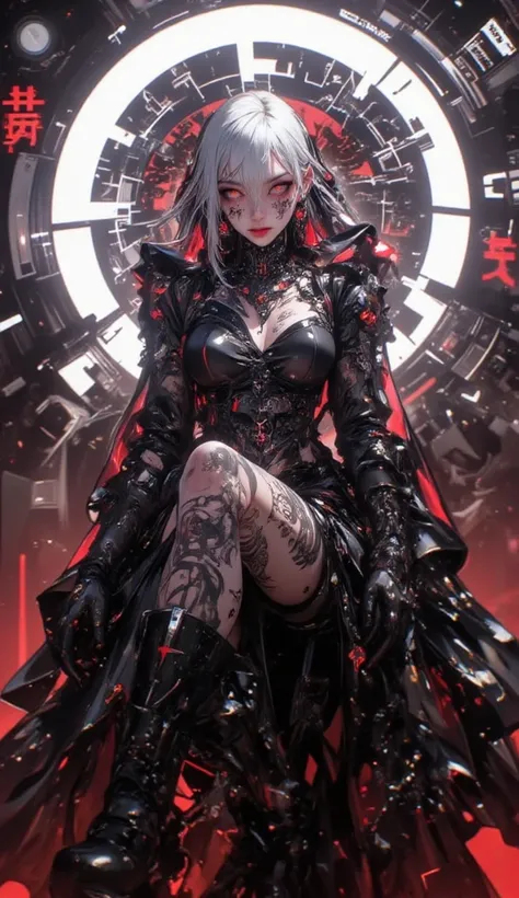 young woman、Tim Burton Style、Beautiful Makeup、futuristic gothic dress lined up in front and back、tattoo、