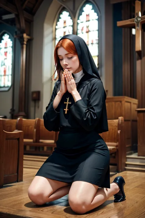 Create a beautiful red-haired woman praying, looking up,  outfit, praying hands, Perfect hands, They wear a nun's habit ,, beautiful face, black shoes, She's kneeling,  she is praying, she is in a church,  ,  Maximum detail, gesture of sadness, real skin, ...