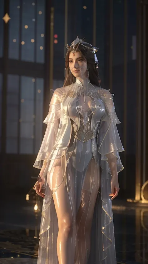 Real photo of a sexy and alluring and seductive woman standing on the starry sky like dominant and powerful enchantress or goddess, Water splashes at the knees, glittery celestial sophisticated large ethereal dress, shiny dress，CG Social Trends, Smooth ani...