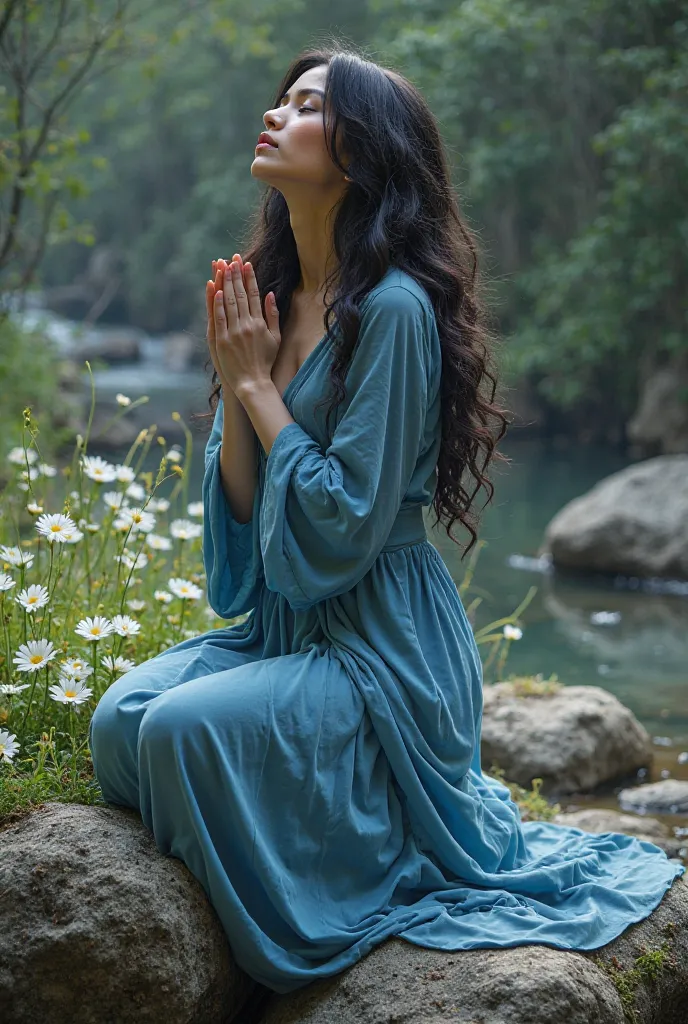 A very long haired black woman in a long blue dress white flowers praying on top of rocks