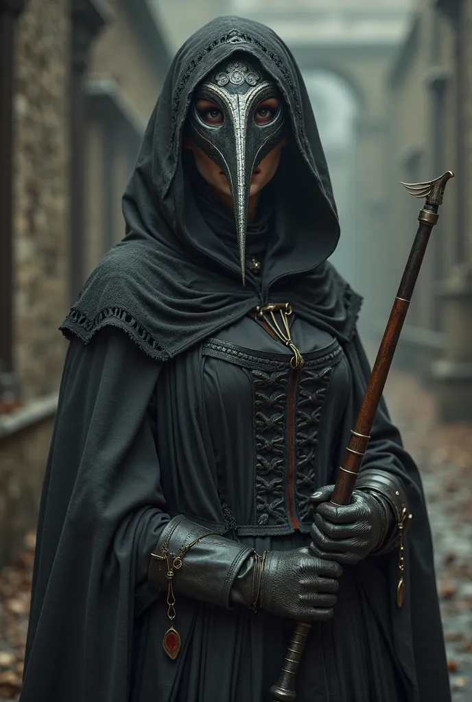 Lady black plague doctor beautiful perfect 10/10 with a cane-sword and 1600s musket hand gun 

