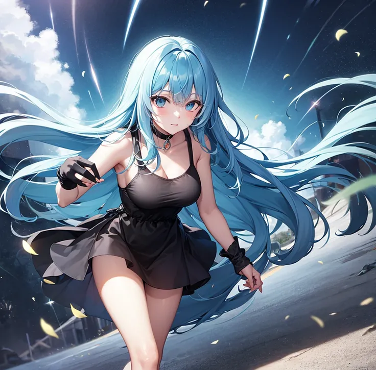 light blue haired girl walking in a storm with light blue sparkles