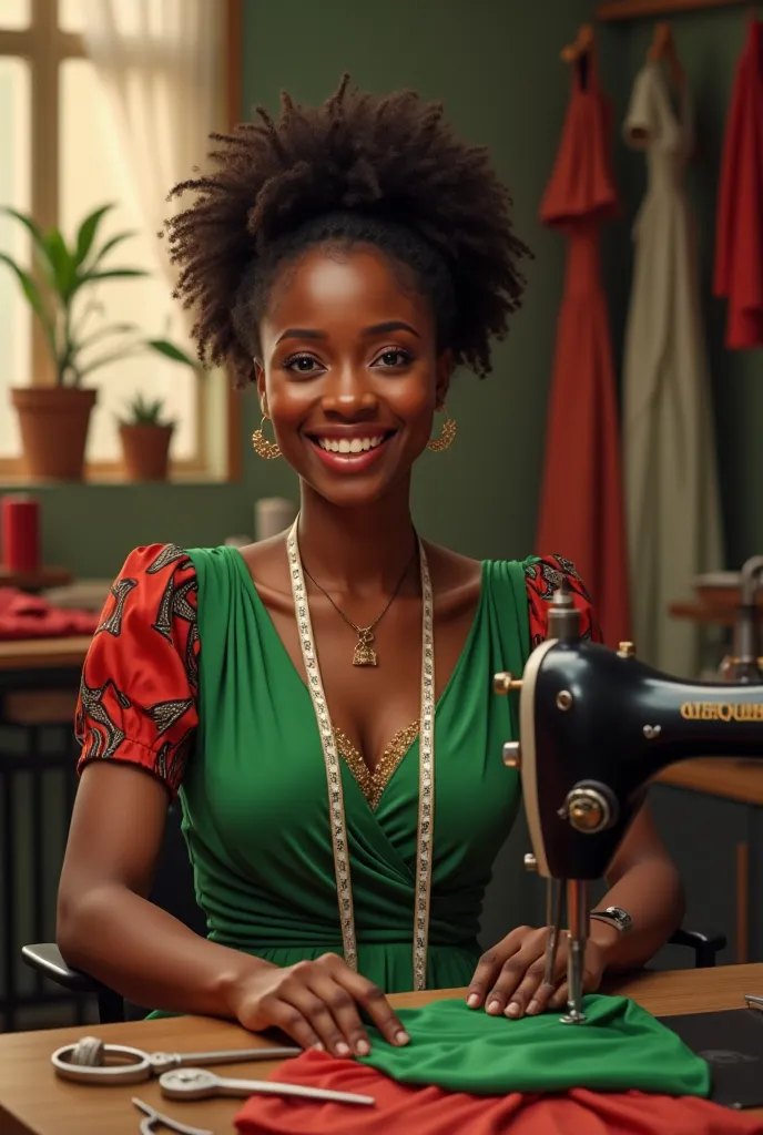 A beautiful young smiling African seamstress, dressed in a green-red model dress, assise dans son atelier, devant sa machine à coudre, The tape measure on the neck.