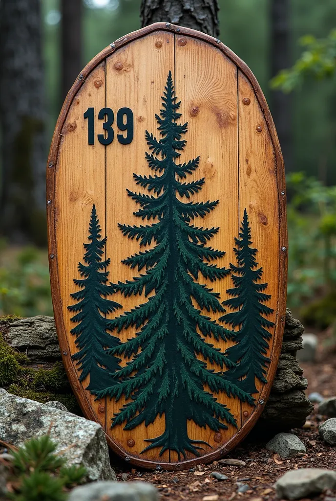  Wooden Shield , with a pine tree on it with the number 129 and pine trees written on it