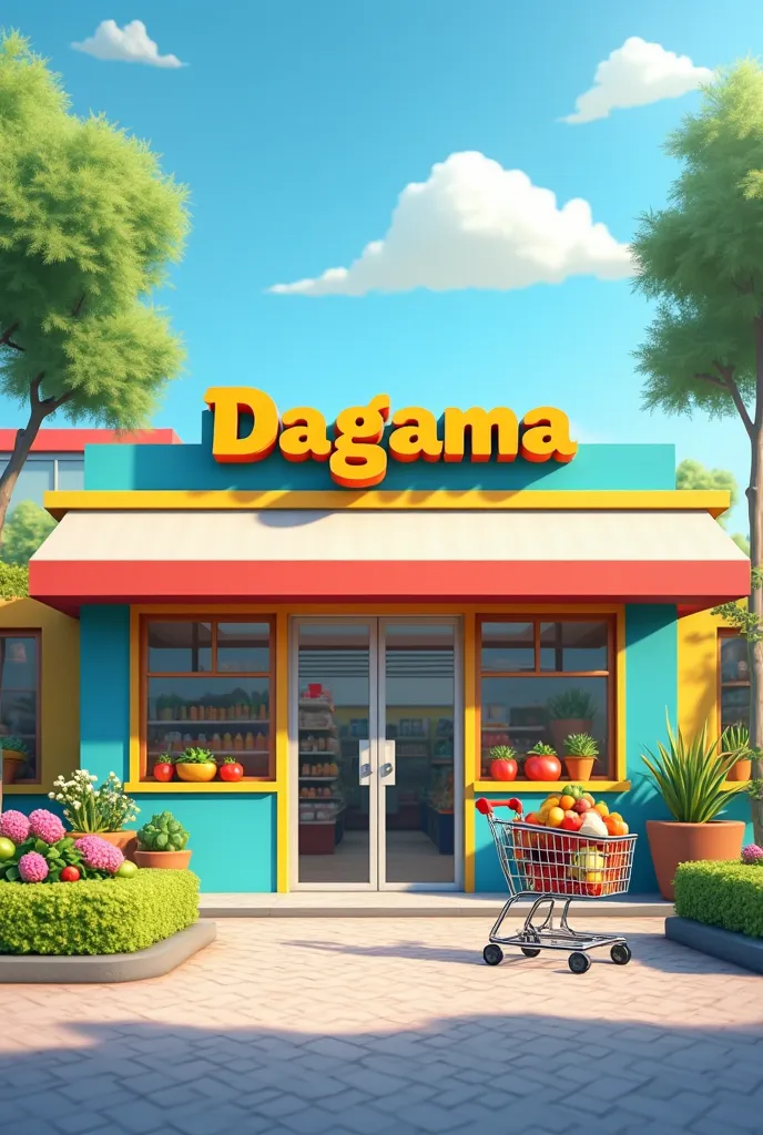 An image for a supermarket with the colors blue, yellow, white, green and red with the name dagama and a shopping cart.