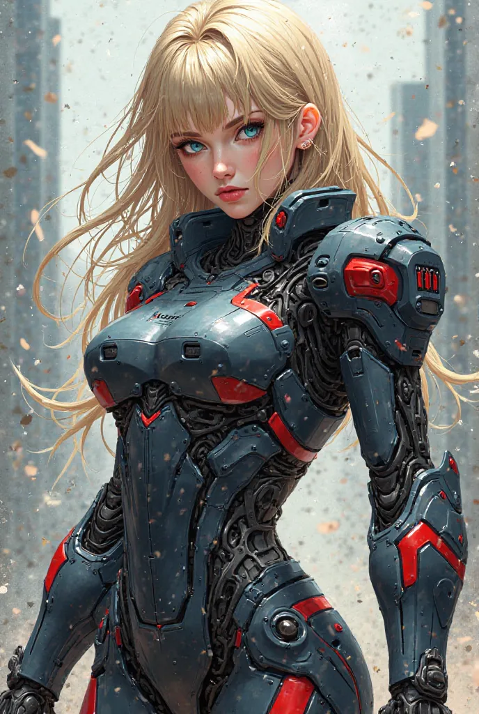 Art digital,  illustration, blond hair, blue eyes, robot suit, red, MP5 gun, rough look, pretty rough face would be, anime art  illustration 