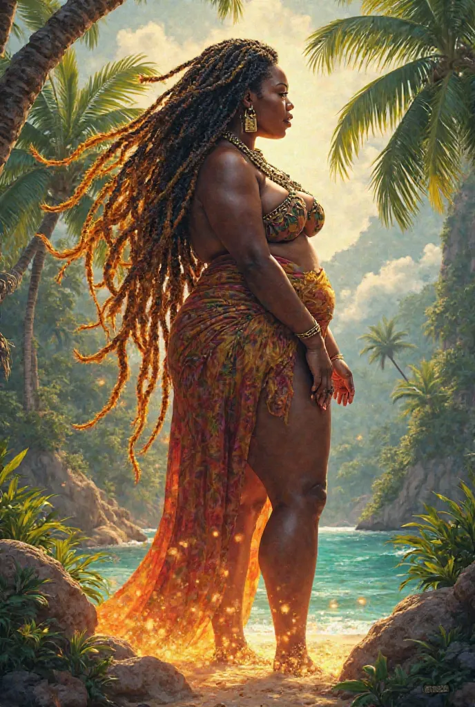 anime, fat woman,  pele negra, Hair with braids Nagô blond, on an island.