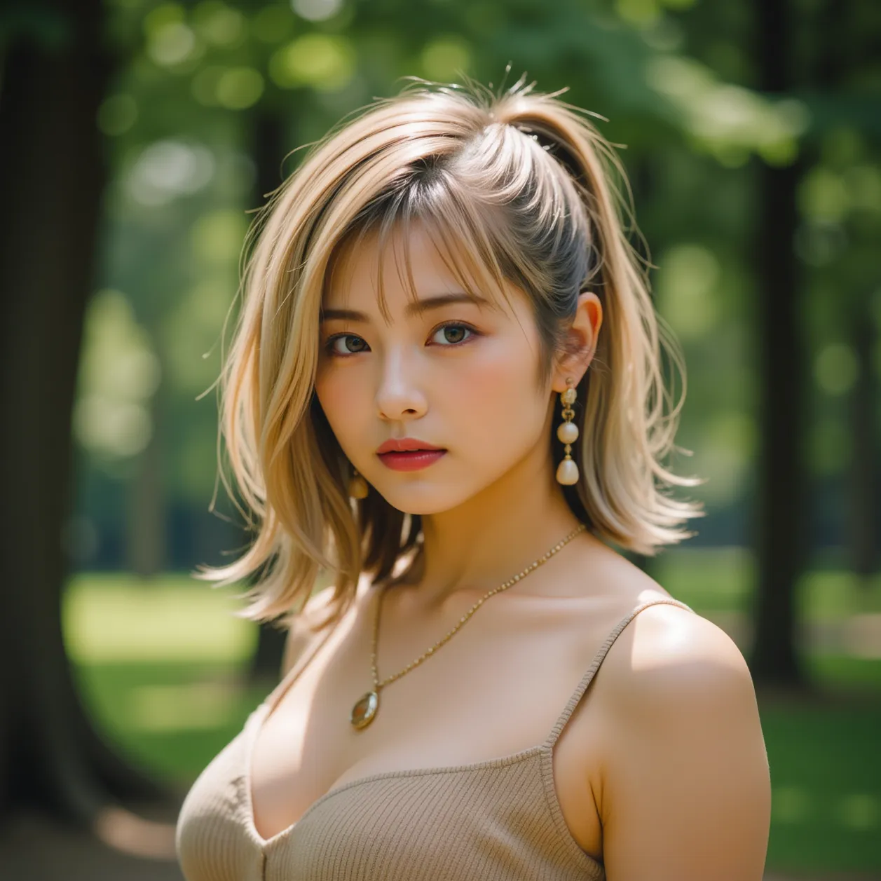 8K wallpaper,hidden hair,  side ponytail, big breasts, Big Breasts,earrings, necklaces,blonde hair,rough breathing, cowboy shot,Park Background, 