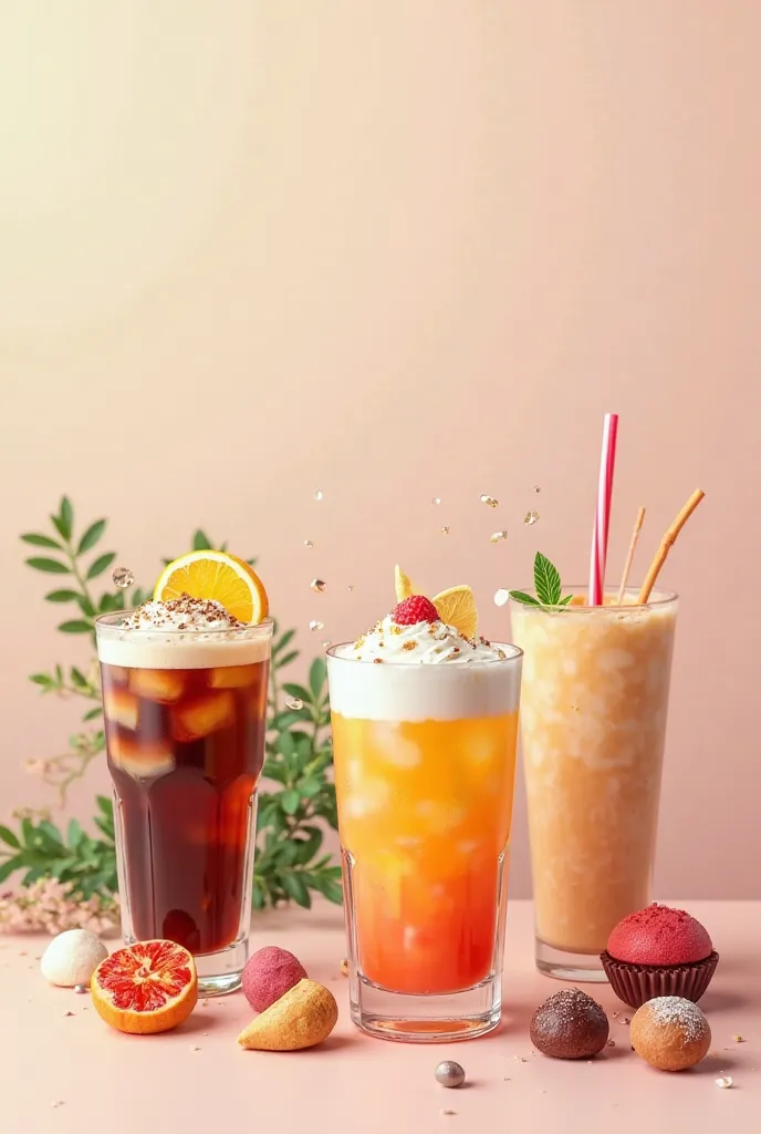 Glass of coffee, juice, smoothie juice, pearl tea, bakery candy, paste combination