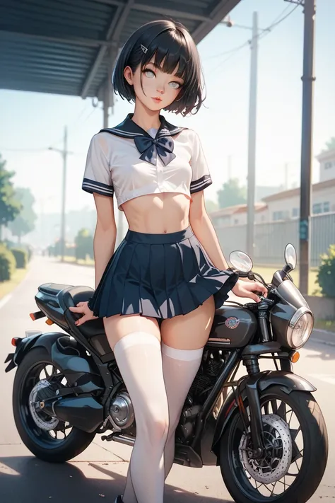  skinny girl ,  grey eyes, Black hair, short hair, wide hips, very small breasts, schoolgirl clothes,  rides a motorcycle,  white stockings, type behind