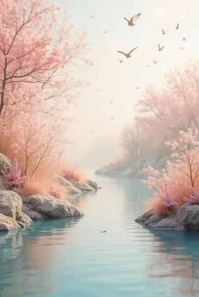 An image of a peaceful and tranquil setting, where soft, gentle colors dominate the scene. The environment should evoke a sense of calmness, with elements such as calm waters, quiet nature, or serene landscapes. Incorporate smooth textures, soft lighting, ...