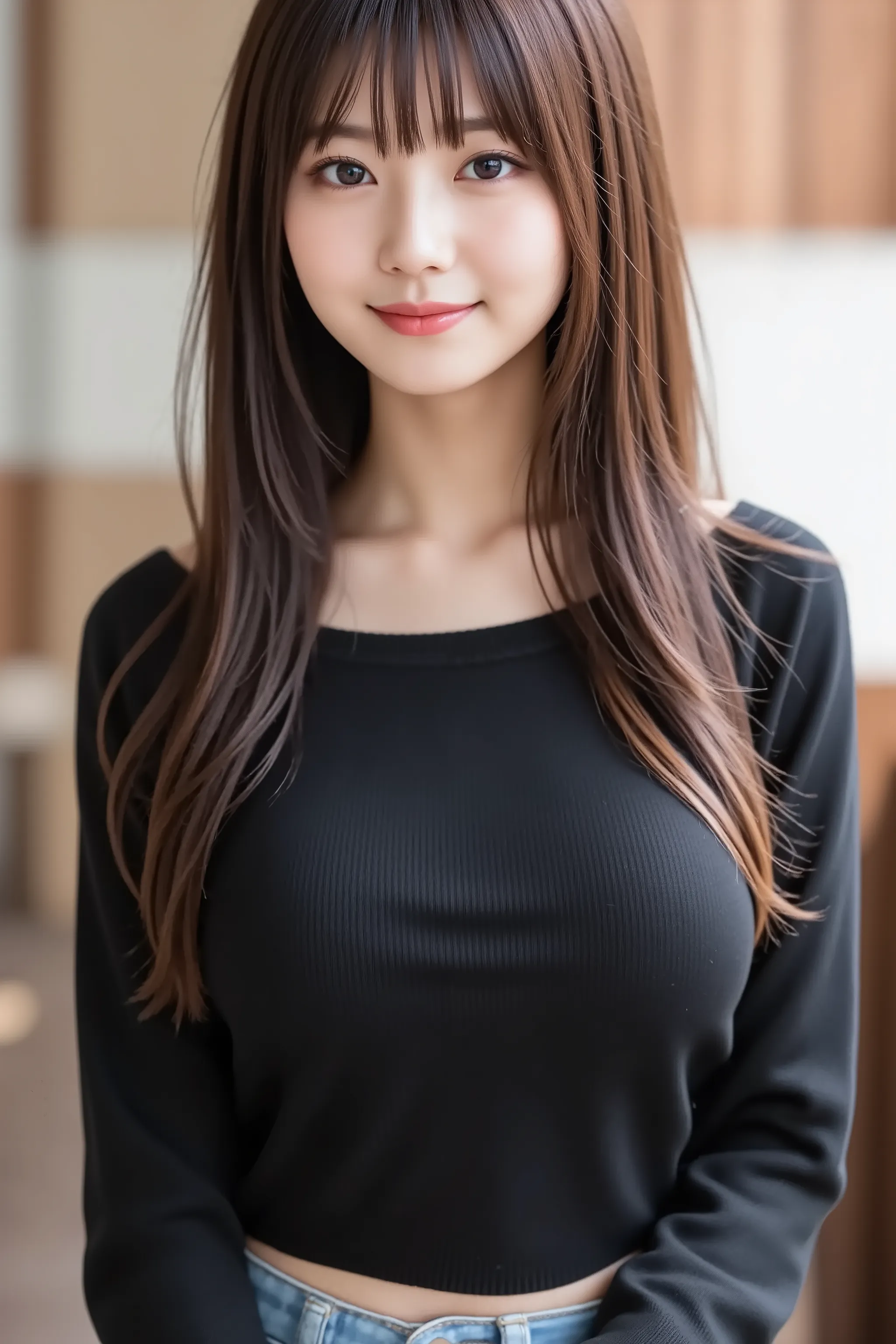 The face is positioned exactly in the center of the image , 's entire head is fully reflected , Face clearly visible、 black sweater, car, long hair caught in a hole、bungs, smile, young and cute japanese face , Official Art, high image quality CG Unity 8k w...