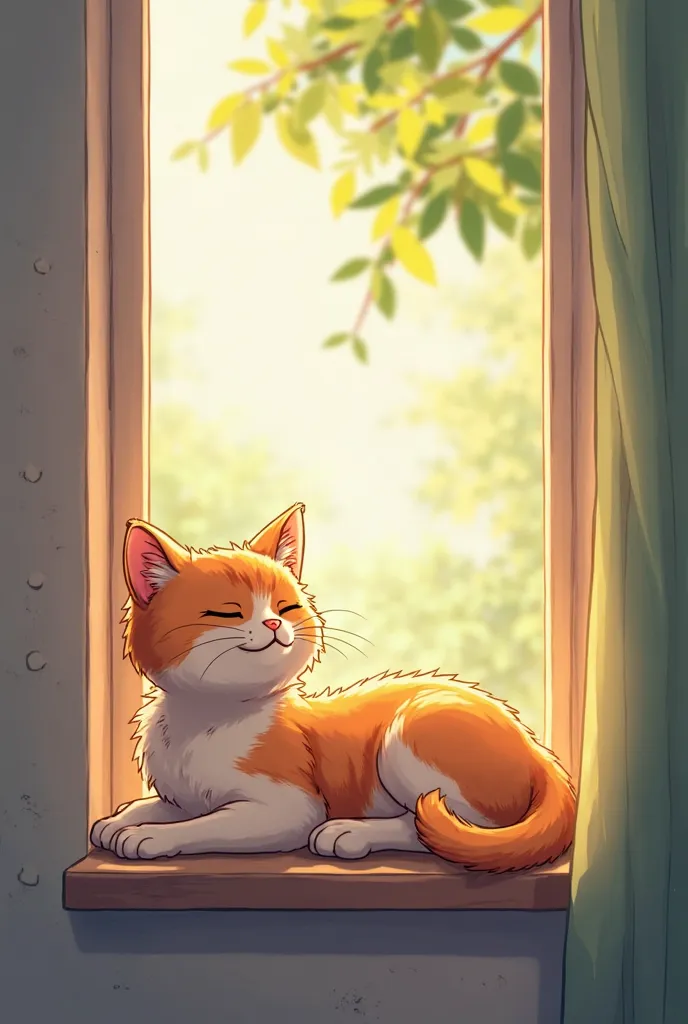 Anime cat, summer, open window, breezing, summer, front view