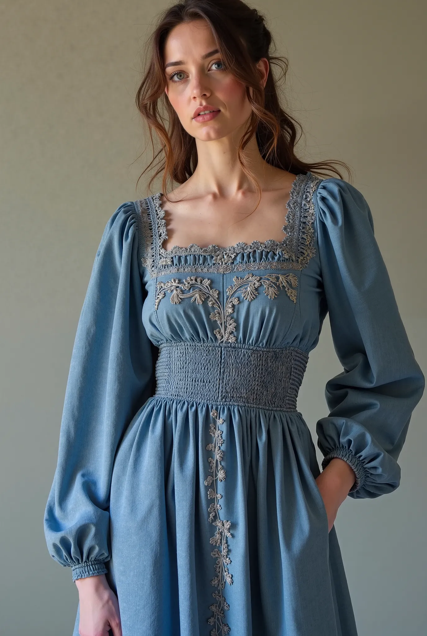 :
The front part (الكورسية و Details  الأمامية): naturally
The neck: A square-shaped design with detailed lace embroidery on everything.
Endurance and breaks: contains a longitudinal ruffle gathered in the middle, helping to highlight the figure.
Waist: يت...