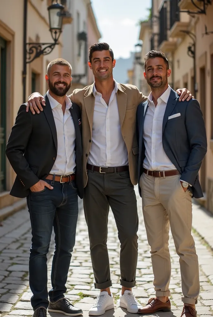 Replace the man in the middle with Cristiano Ronaldo and the man on the left with a wealthy man, but keep them in the same casual setting and attire as the original photo. Ensure Ronaldo and the wealthy man blend naturally into the scene, maintaining reali...