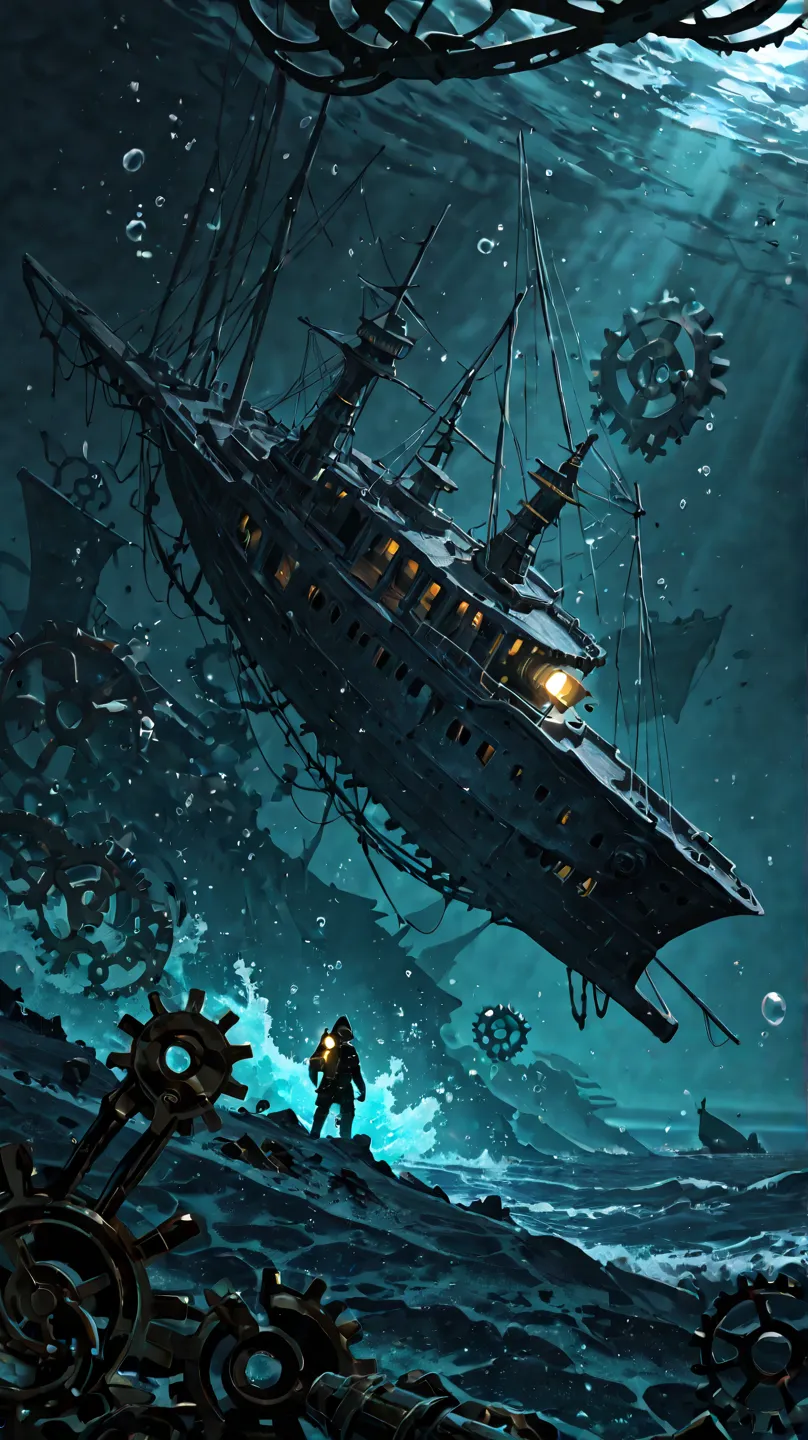 A deep-sea diver exploring an ancient shipwreck, surrounded by dark blue ocean depths and scattered artifacts. The diver's flashlight illuminates the remains of a mysterious sunken ship, revealing corroded bronze gears and fragments of an ancient mechanica...