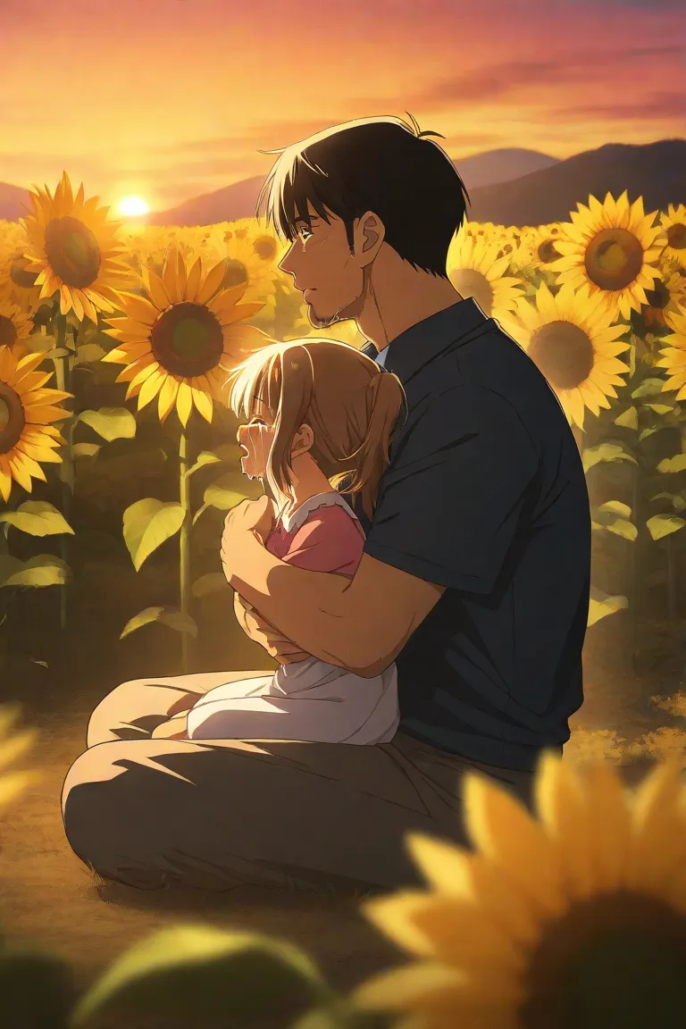 Father hugging his crying little daughter in anime artstyle at sunflower field while sunset, sitting on the ground, mom figure from distance fading