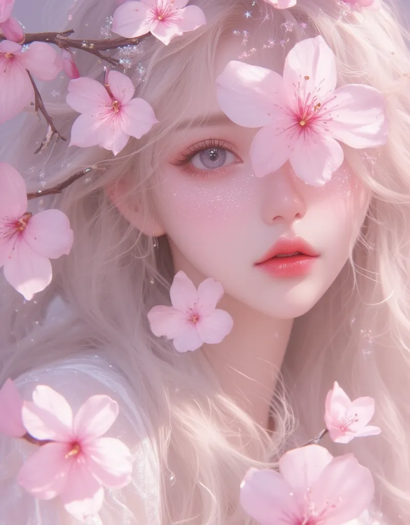 beautiful girl, Her eyes are covered with cherry pink flowers、 Only her lips and nose should be visible 。Her hair is long anime 
