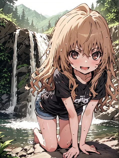 score_9, score_8_up, score_7_up, source_anime,
Taigaisaka, Aisaka Taiga, long hair, brown hair, brown eyes,ponytail,smile,open your mouth,plain black t-shirt,belly button sticking,Tie the hem of the shirt,denim micro shorts,Bare legs,wet skin,wet hair, we...
