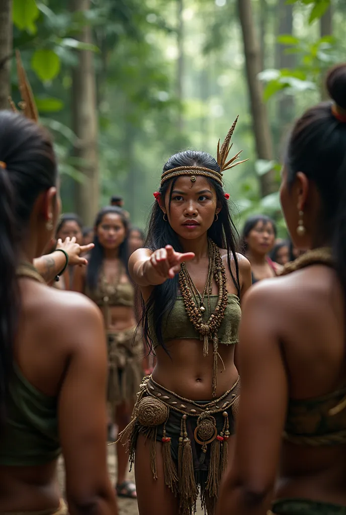 Indigenous women in Malaysia pointing at someone ready to attack