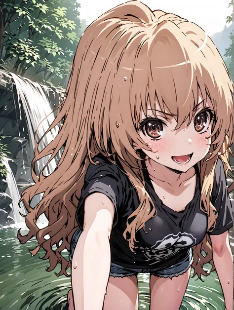 score_9, score_8_up, score_7_up, source_anime,
Taigaisaka, Aisaka Taiga, long hair, brown hair, brown eyes,ponytail,smile,open your mouth,plain black t-shirt,belly button sticking,Tie the hem of the shirt,denim micro shorts,Bare legs,wet skin,wet hair, we...