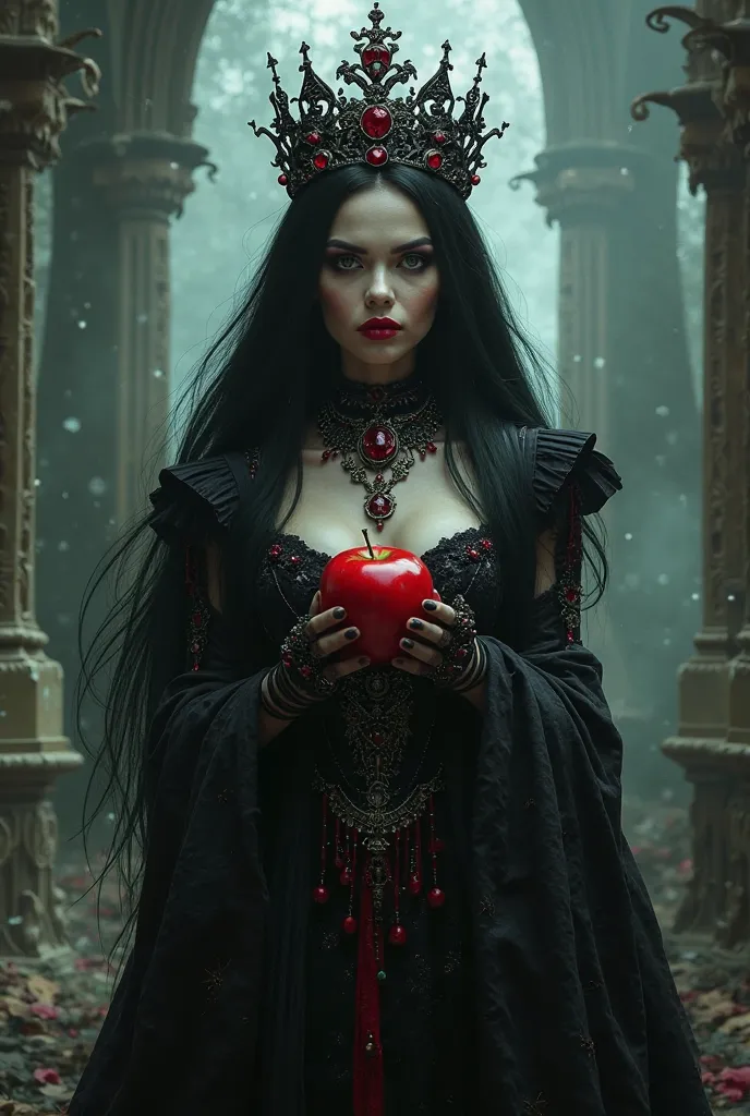 chica,long black hair，black queen，accessories，apple in hand，manzanas envenenadas，witch queen，red lipstick