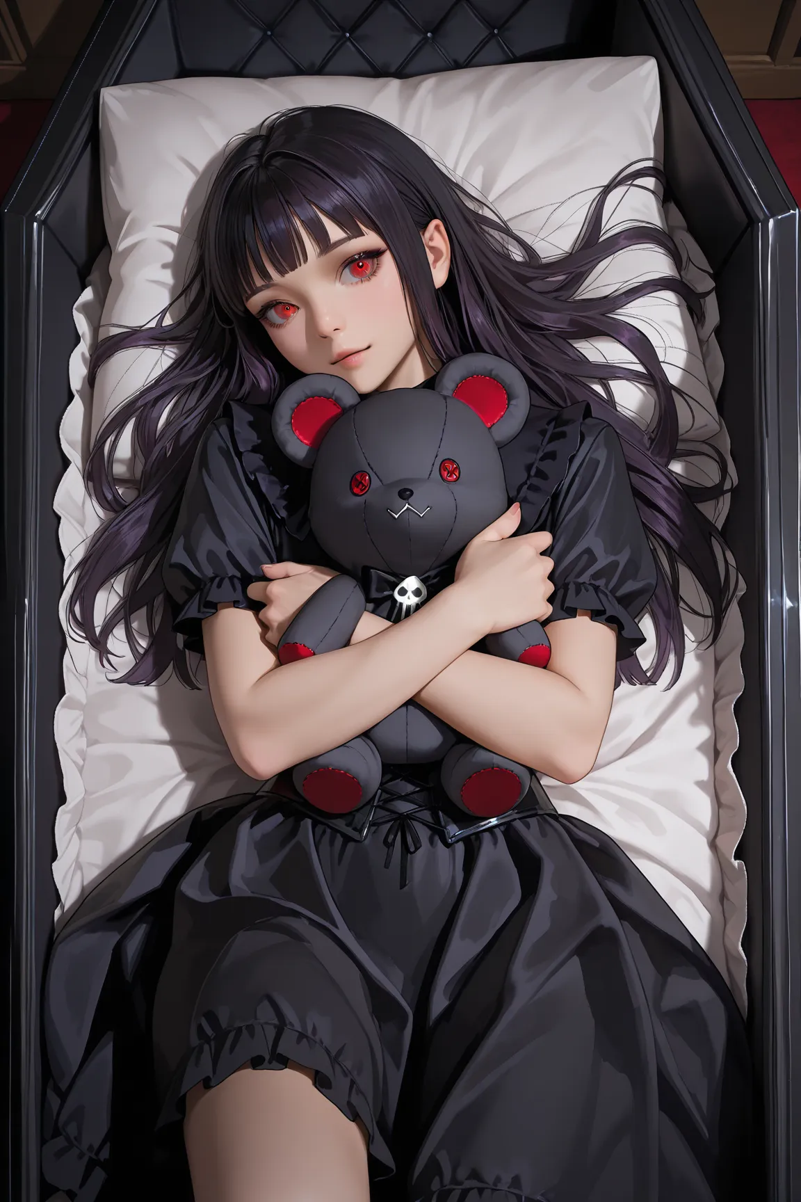 a vampire goth girl is hugging her coffin plushie in her room, photorealistic