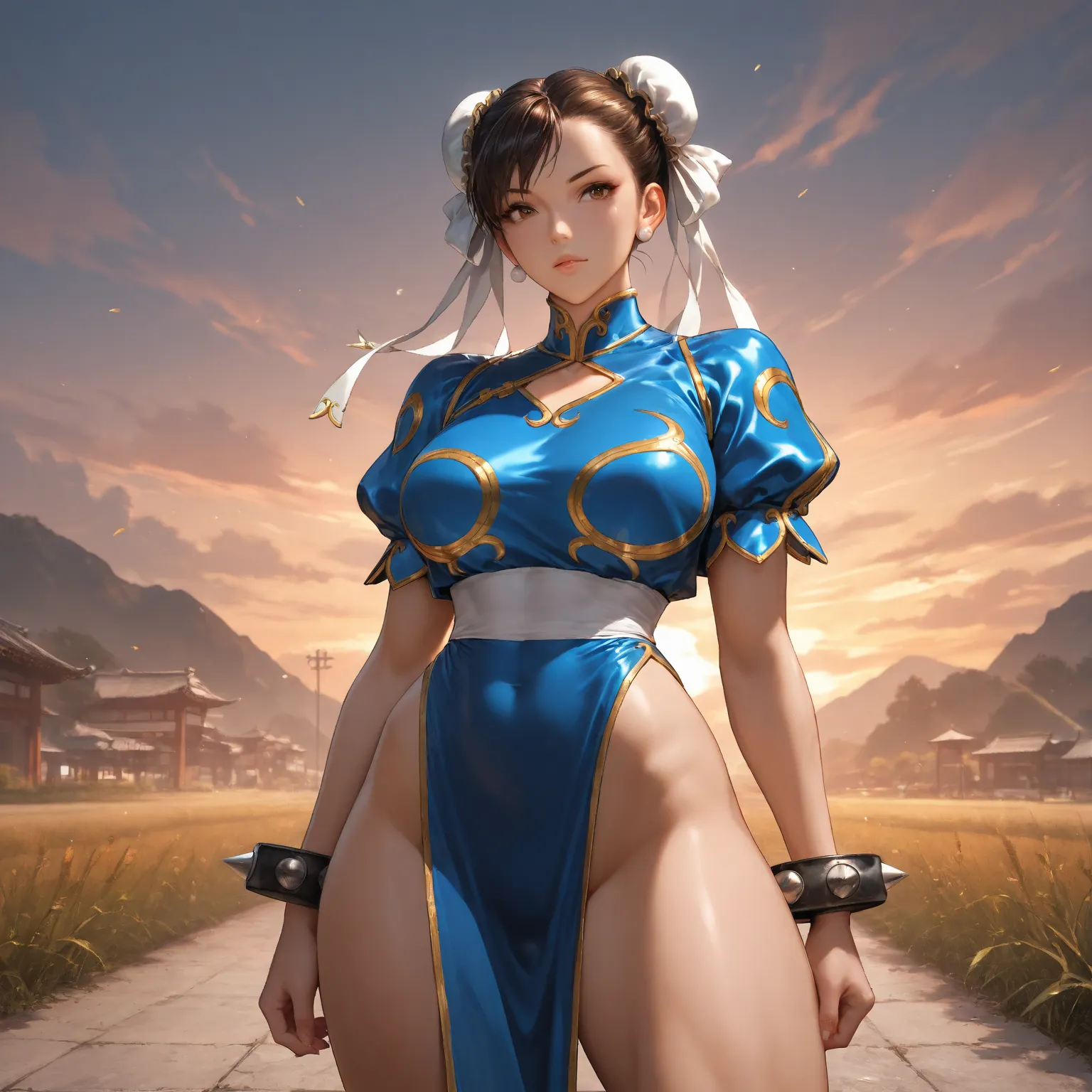 Stunningly attractive woman, Chun-Li, Street Fighter, High Resolution, Masterpiece, glistening, impeccable physical shape, different hairstyles, different clothing styles, Solo, 1girl, sexy outfit, open field, sunset