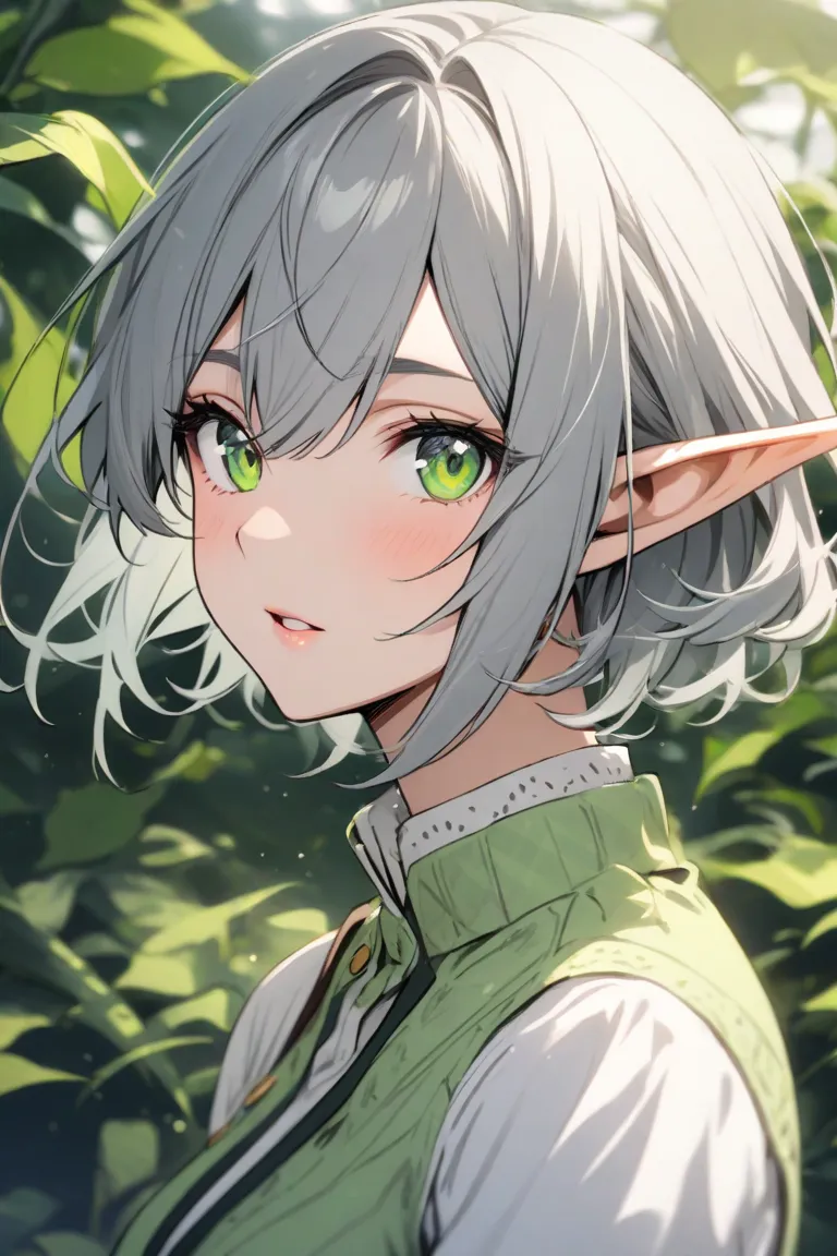 Woman, elf, short gray hair, green eyes