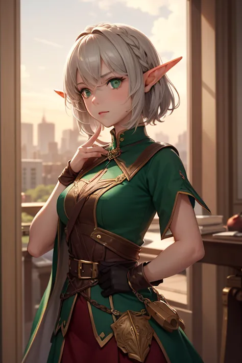 Woman, elf, short gray hair, green eyes