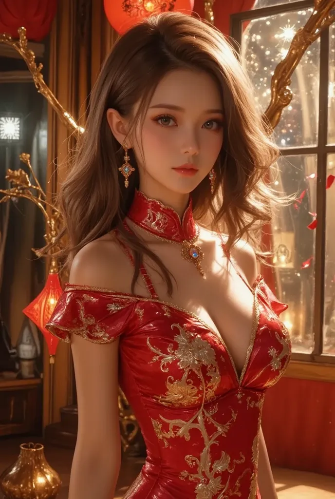 Cat ears、 face up, attractive, pretty girl, ponytail、few beautiful lady hair decorations, (( fine facial features , eroticism)), dramatic lighting , realistic , 8k, Dramatic Shadows , intricate and elaborate patterns , super detailed photo , chiaroscuro li...