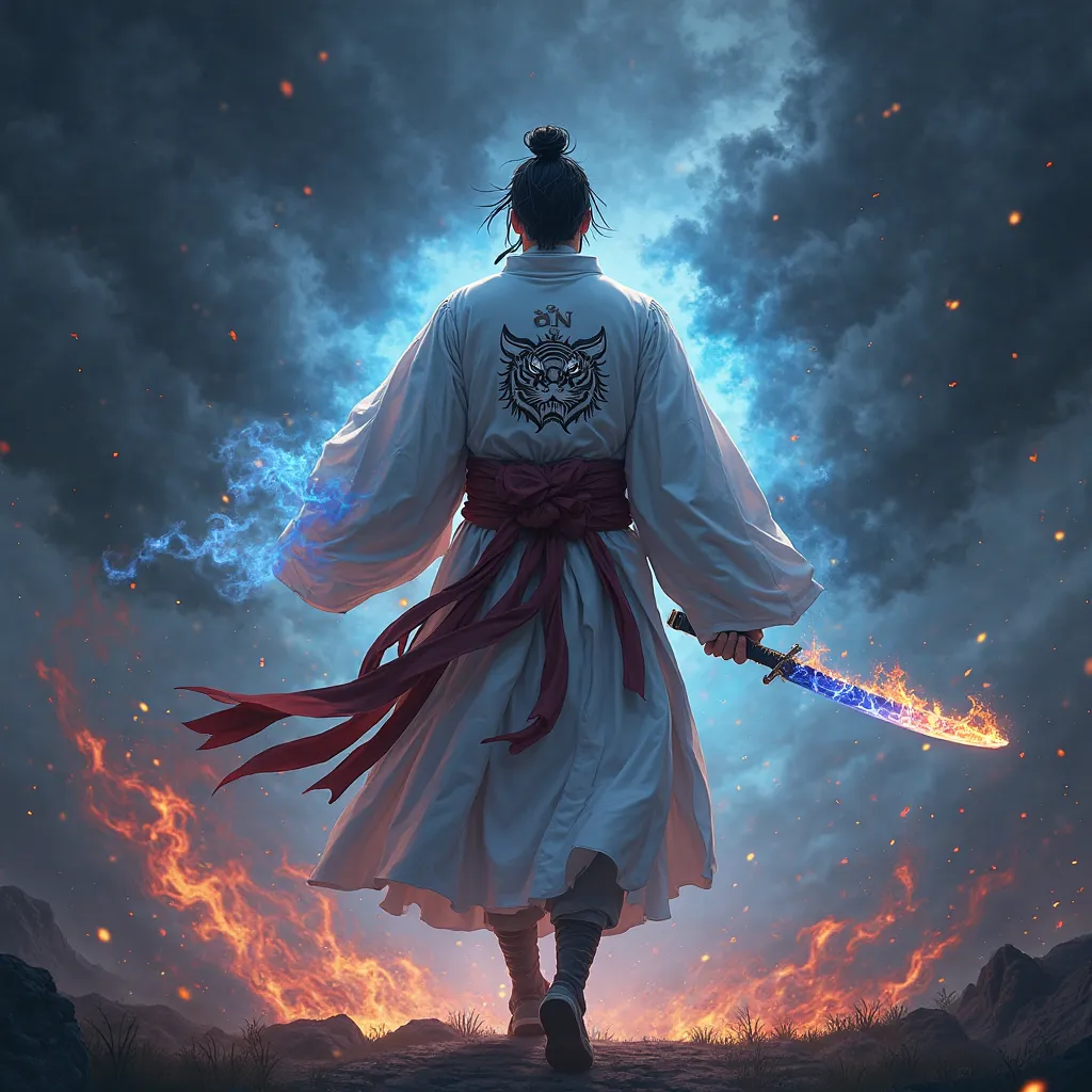 A samurai wearing a white kimono walks from behind、The kimono has a tiger embroidery、The embroidery is white、In his right hand he holds a sword、Aura of blue flames emanates from the demon sword、The background is a dark, dramatic and mystical atmosphere, wi...