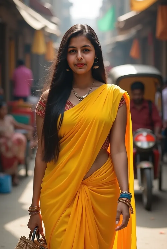 A cute, chubby Indian model long black hair, and warm, golden-brown skin is walking down a  indian market street surrounded by vibrant market stalls and colorful rickshaws, wearing a bright yellow Saree and sleeveless blouse her bright brown eyes scanning ...