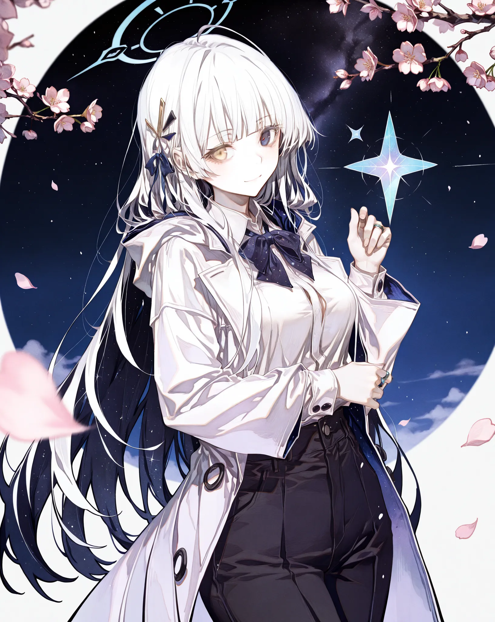 Her long hair was as white as the stars in the night, her two-colored eyes shone like there were endless dimensions, her clothes were clean and elegant, and her perfect attire gave off an uncontrollable sense of mystery and power. source_anime, Hitoimim, c...