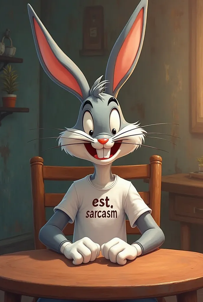 Buggs bunny is sitting at a table and he's sorry and wearing a shirt that says "ests_Sarcasm"