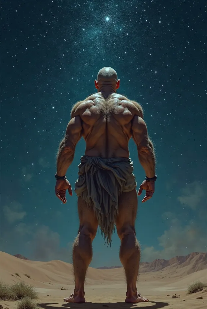 From big distance, full body portrait, white naked man around 60 years, sheved head, very muscular naked hairy body, standing in desert at night and watching the sky full of stars