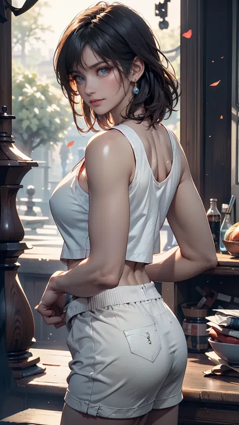 pure 20 year old girl 、((white tank top, Dramatic Poses)),smile,Shortcut, nature park 、RAW photo, (8k、top quality、masterpiece:1.2)、( delicate details:1.4)、(photorealistic:1.4)、Octane Rendering、Complex 3D Rendering Ultra Detailed, studio soft light,  rimlig...