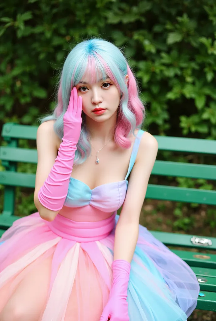 Image is a vibrant, colorful portrait featuring a person sitting on a green wooden bench in an outdoor setting with lush greenery in the background. The subject has light skin and is wearing a pastel-colored wig with shades of blue and pink. They are dress...