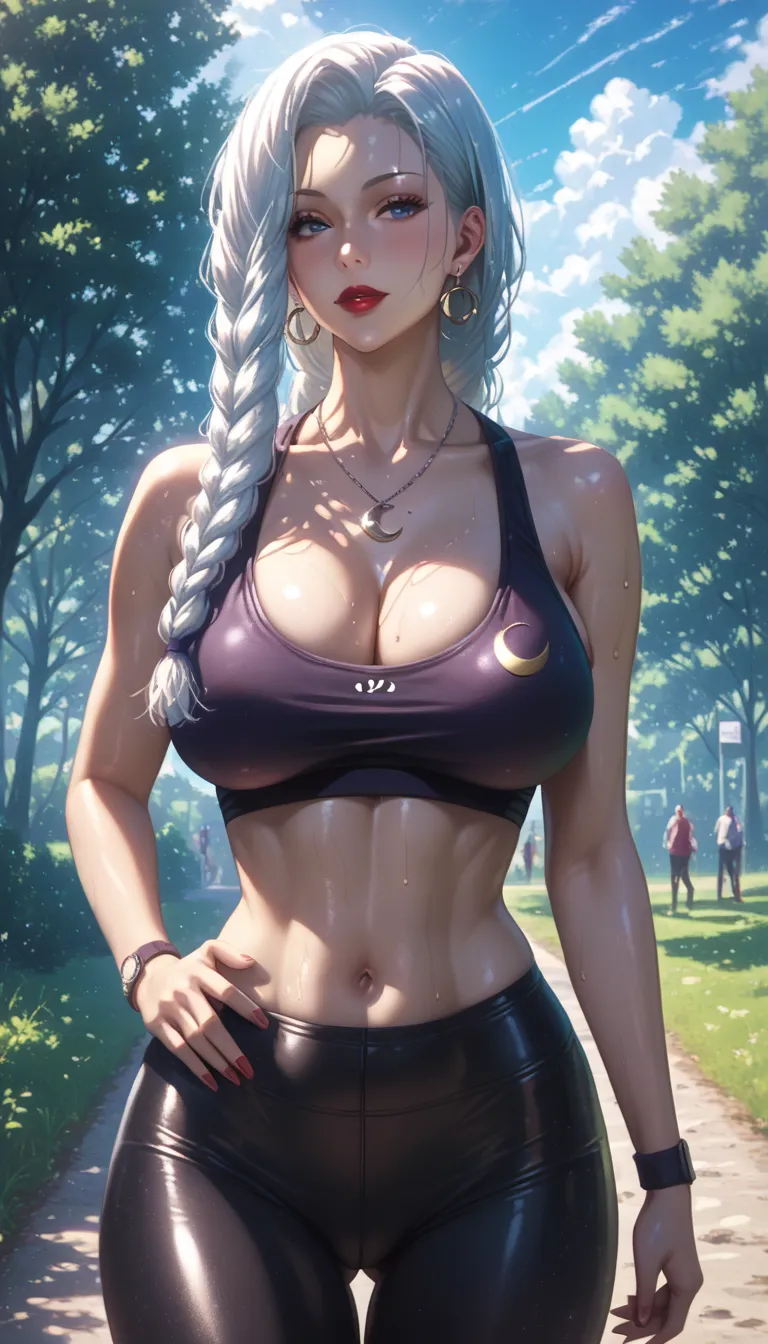 Hot beautiful mei mei jogging in park,red lipstick,long big oversized crescent Earrings, , white hair , detailed, blue eyes , hair , huge rounded breasts ,sexy expression ,ear piercing, hair  , ,huge rounded fake breasts ,hair braid , makeup, blush , neckl...