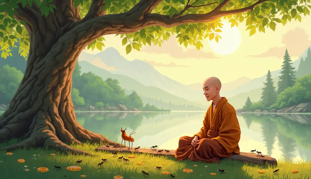 A Chinese Buddhist young man with a bald, clean-shaven face sits peacefully under a large tree, smiling gently as he feeds 100 of ants. He is dressed in traditional saffron and brown robes, sitting cross-legged on the soft grass. In front of him, a piece o...