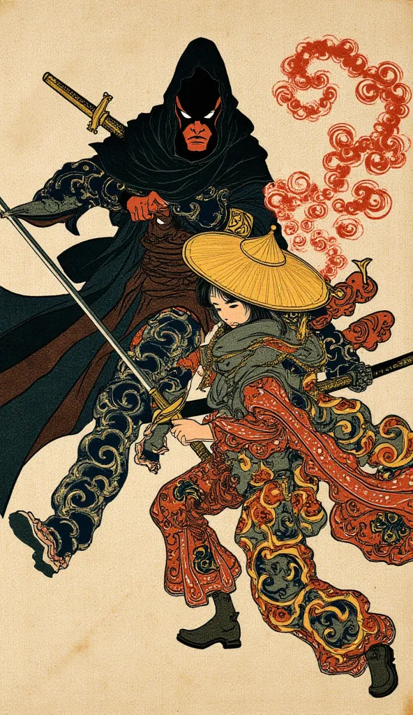 an ukiyo-e depiction of a Mysterious Caped Strawhat Man with a demonic sword fighting against a goddess unknown hooded strawhat swordwoman. both figures have japanese motif of curly cloud swirling on their body. 