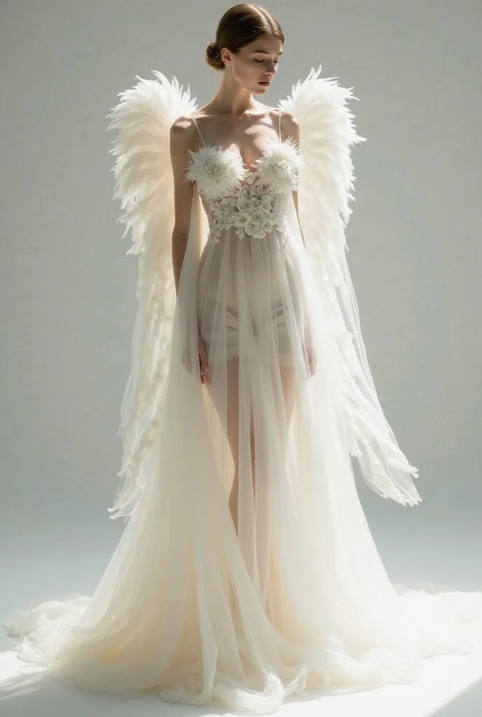 
An angel inspired dress is a long white dress on a model in a photoshoot from the front