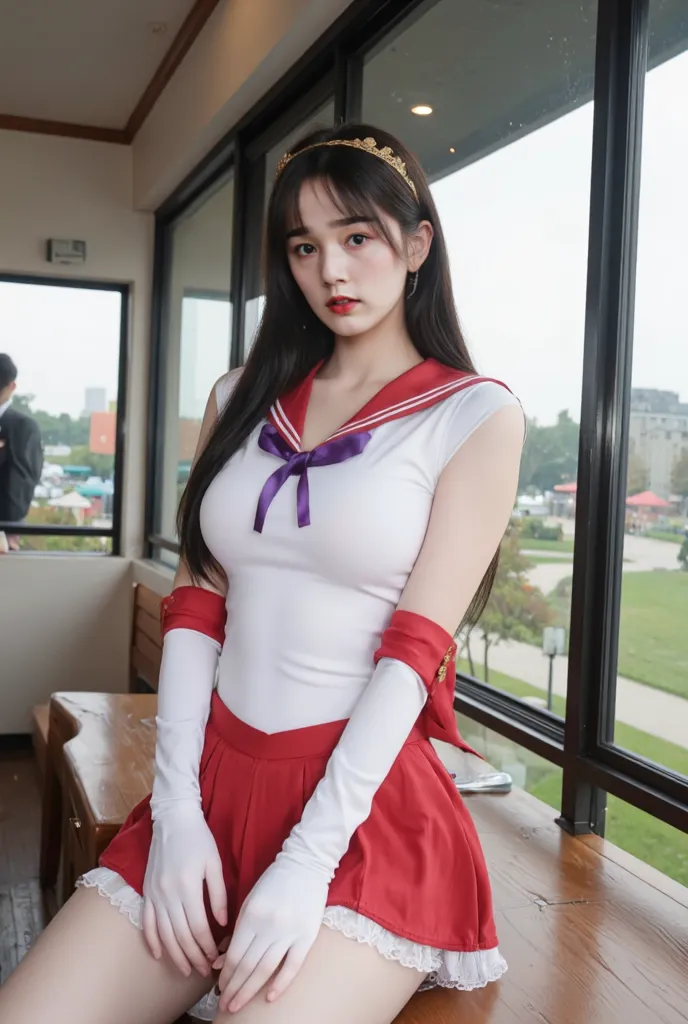 a realistic, high-resolution photograph of a young Chinese female cosplayer dressed as Sailor Mars, posing in a themed amusement park. detailed cosplay outfit emphasizing her reflective delicate red high heels, white silky有褶皱的pantyhose，(((Best Quality))), ...