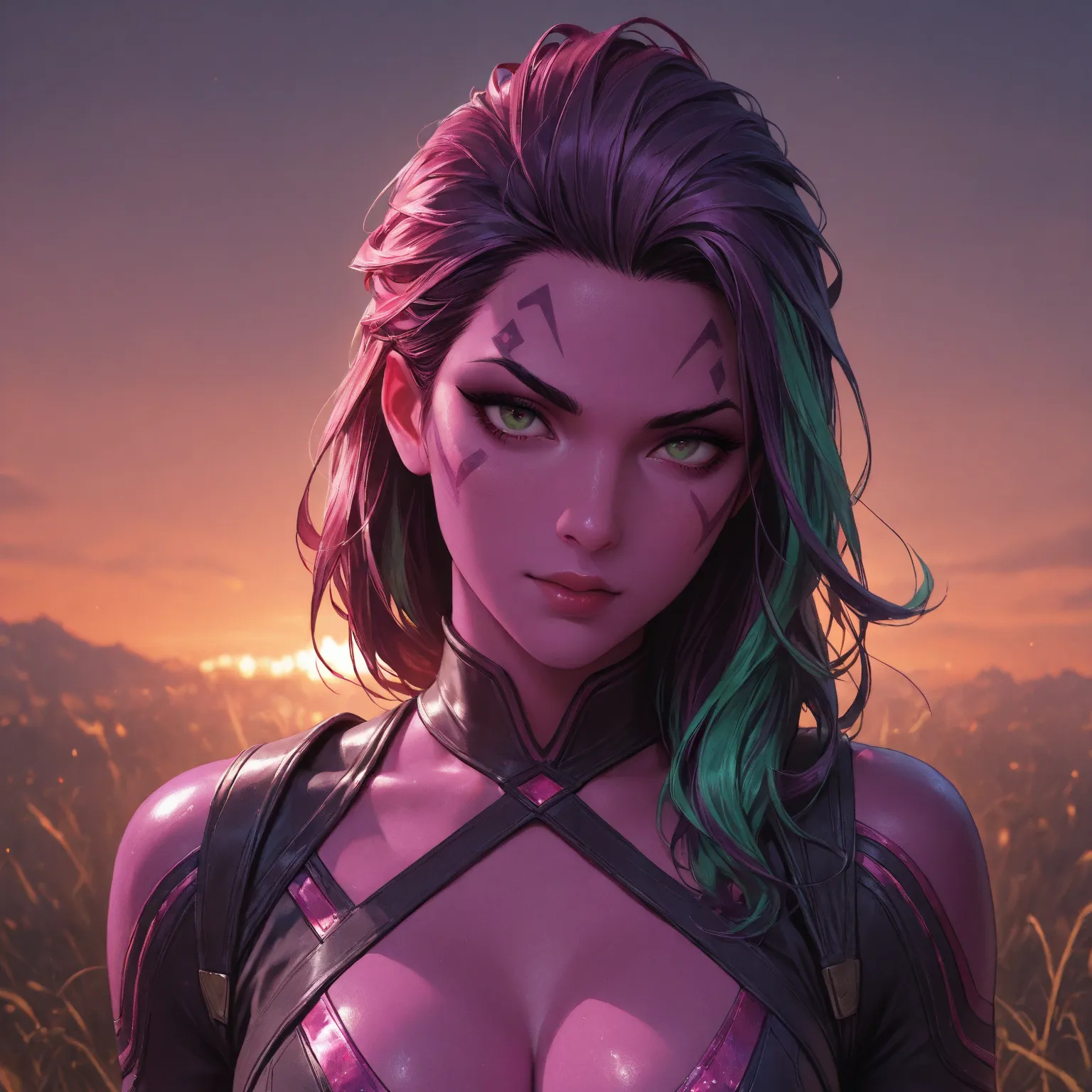 Stunningly attractive woman, Gamora, Guardians of the Galaxy, High Resolution, Masterpiece, glistening, impeccable physical shape, different hairstyles, different clothing styles, Solo, 1girl, open field, sunset