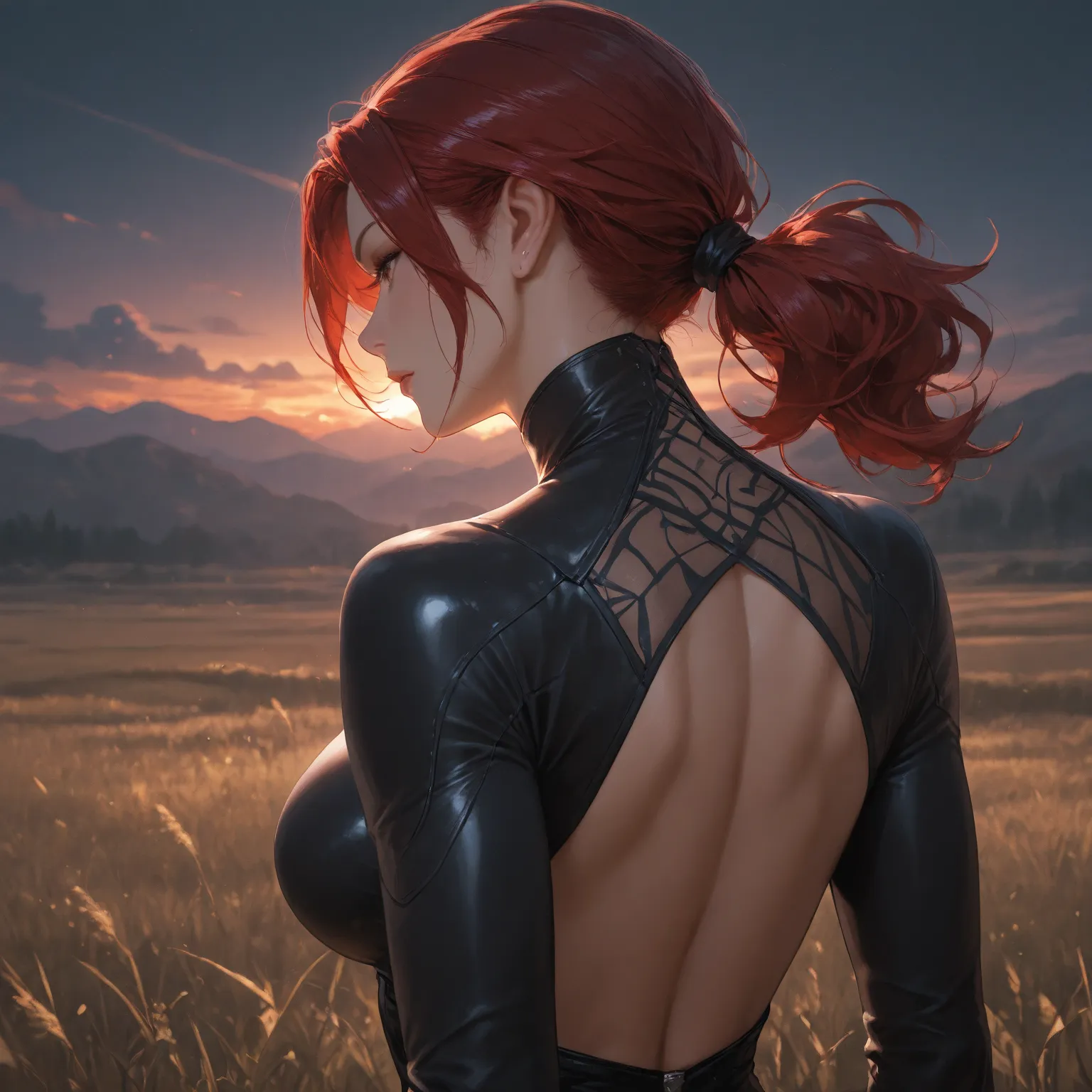 Stunningly attractive woman, Black Widow, High Resolution, Masterpiece, glistening, impeccable physical shape, different hairstyles, different clothing styles, Solo, 1girl, open field, sunset