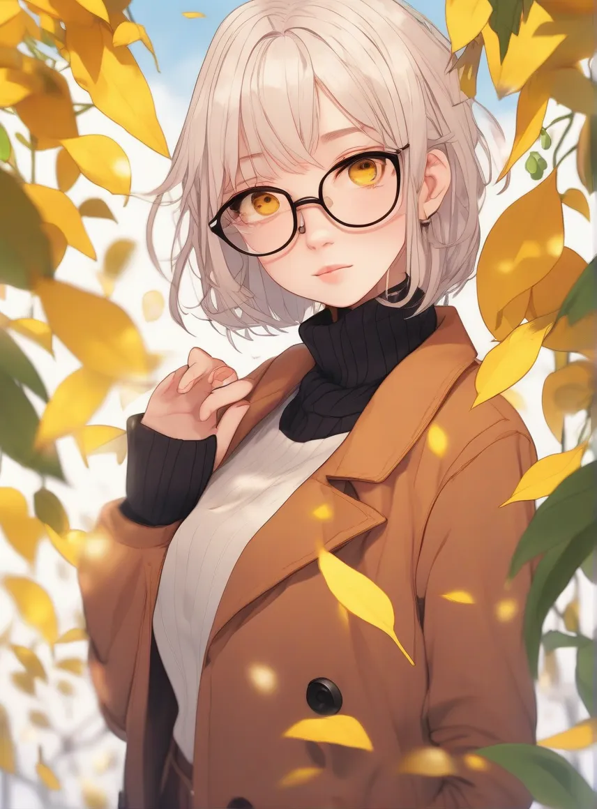 close up, masterpiece, best quality, bokeh, cute, nsfw, 1girl, solo, arisa neo, round eyewear, brown jacket, turtleneck sweater, upper body, looking at viewer, yellow eyes, closed mouth, leaf, white background, plant