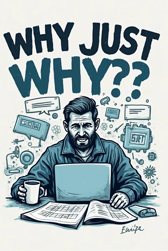 Create a funny T-shirt design for engineers with the phrase: ‘Why Just Why’ in bold, distressed font. Include a cartoon of a stressed-out engineer with blueprints, coffee, and a laptop surrounded by error messages. Use a mix of neutral and techy blue color...