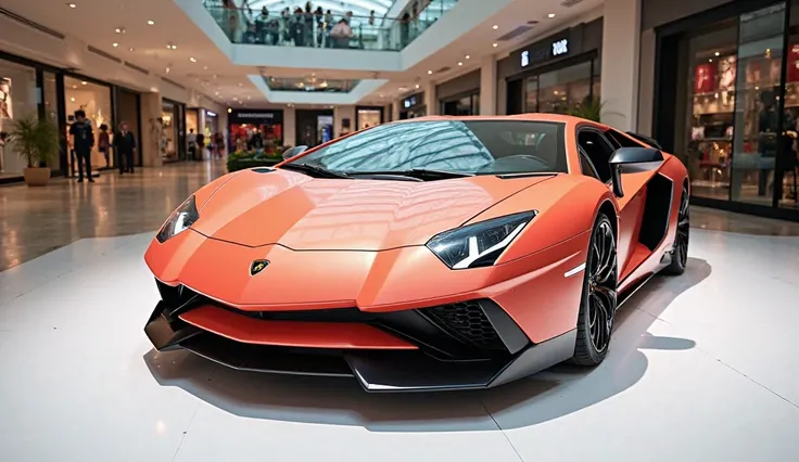 A frint photo of a coral 2025 Lamborghini Aventador with a sleek, full modified, modern design. The car is parked on a white surface. The background is a shopping mall with . The photo reveals the luxurious interior. The overall ambiance is sleek, high-end...