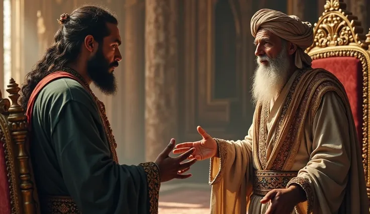 The Vizier’s Concern
"The caliph’s vizier, an elderly man in a flowing robe and turban, warns the caliph that giving such a huge amount of gold will deplete the royal treasury."